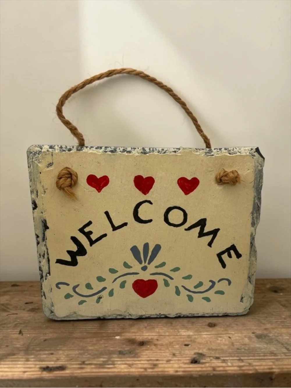 Vintage 80s-90s Hand Painted Slate Welcome Sign w/ Hearts Folk Art Ready To Hang